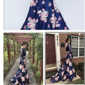 Sherri Hill Elegant Navy and Pink Floral Gown